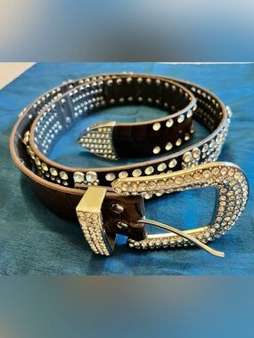 Rhinestone Studded Brown Leather Women's Belt